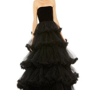 Mac Duggal Black Strapless Tiered Ruffle Ballgown